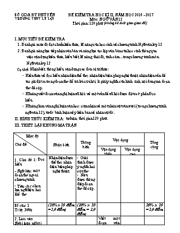 Đề kiểm tra học kì II môn Ngữ văn 12 - Năm học 2016-2017 - Trường THPT Lê Lợi (Có đáp án)