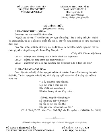 Đề kiểm tra học kì II môn Ngữ văn Lớp 11 - Năm học 2018-2019 - Trường THCS&THPT Võ Nguyên Giáp (Có đáp án)
