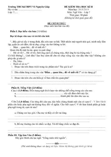 Đề kiểm tra học kì II môn Ngữ văn Lớp 7 - Năm học 2018-2019 - Trường THCS&THPT Võ Nguyên Giáp (Có đáp án)