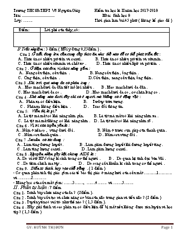 Đề kiểm tra học kì II môn Sinh học Lớp 8 - Năm học 2017-2018 - Huỳnh Thị Đơn (Có đáp án)