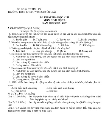 Đề kiểm tra học kì II môn Sinh học Lớp 8 - Năm học 2018-2019 - Trường THCS&THPT Võ Nguyên Giáp (Có đáp án)