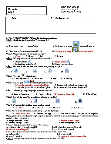 Đề kiểm tra học kì II môn Tin học Lớp 6 - Năm học 2017-2018 - Trường THCS&THPT Võ Nguyên Giáp (Có đáp án)
