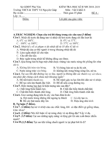 Đề kiểm tra học kì II môn Vật lí Khối 6 - Năm học 2018-2019 - Trường THCS&THPT Võ Nguyên Giáp (Có đáp án)