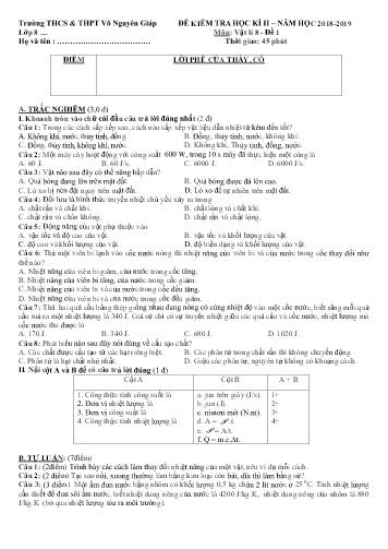 Đề kiểm tra học kì II môn Vật lí Khối 8 - Năm học 2018-2019 - Trường THCS&THPT Võ Nguyên Giáp (Có đáp án)