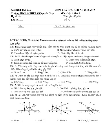 Đề kiểm tra học kì II môn Vật lí Khối 9 - Năm học 2018-2019 - Trường THCS&THPT Võ Nguyên Giáp (Có đáp án)