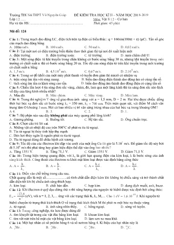 Đề kiểm tra học kì II môn Vật lí Lớp 12 - Năm học 2018-2019 - Trường THCS&THPT Võ Nguyên Giáp (Có đáp án)