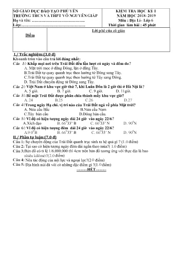 Đề kiểm tra học kỳ I môn Địa lí Lớp 6 - Năm học 2018-2019 - Trường THCS&THPT Võ Nguyên Giáp (Có đáp án)