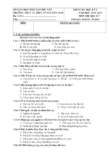 Đề kiểm tra học kỳ I môn Địa lí Lớp 7 - Năm học 2018-2019 - Trường THCS&THPT Võ Nguyên Giáp (Có đáp án)