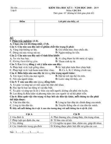 Đề kiểm tra học kỳ I môn Giáo dục công dân Lớp 8 - Năm học 2018-2019 - Trường THCS&THPT Võ Nguyên Giáp (Có đáp án)