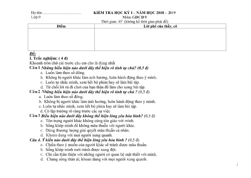 Đề kiểm tra học kỳ I môn Giáo dục công dân Lớp 9 - Năm học 2018-2019 - Trường THCS&THPT Võ Nguyên Giáp (Có đáp án)