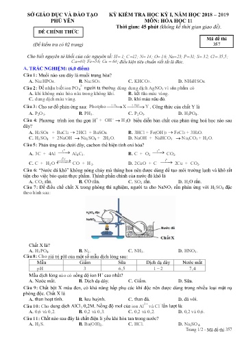 Đề kiểm tra học kỳ I môn Hóa học 11 - Năm học 2018-2019 - Trường THPT Ngô Gia Tự - Mã đề 357 (Có đáp án)