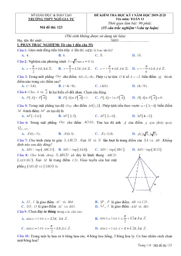 Đề kiểm tra học kỳ I môn Toán 11 - Năm học 2019-2020 - Trường THPT Ngô Gia Tự - Mã đề thi 123 (Có đáp án)