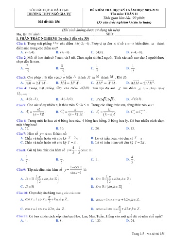 Đề kiểm tra học kỳ I môn Toán 11 - Năm học 2019-2020 - Trường THPT Ngô Gia Tự - Mã đề thi 156 (Có đáp án)
