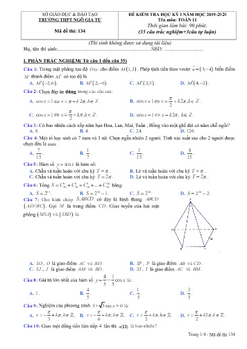 Đề kiểm tra học kỳ I môn Toán 11 - Năm học 2019-2020 - Trường THPT Ngô Gia Tự - Mã đề thi 134 (Có đáp án)