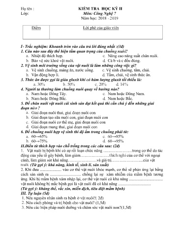 Đề kiểm tra học kỳ II môn Công nghệ Lớp 7 - Năm học 2018-2019 - Trường THCS-THPT Võ Nguyên Giáp (Có đáp án)