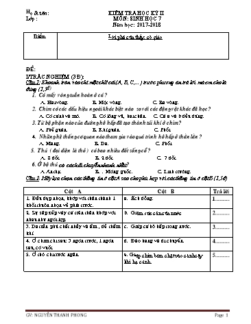 Đề kiểm tra học kỳ II môn Sinh học Lớp 7 - Năm học 2017-2018 - Nguyễn Thanh Phong (Có đáp án)