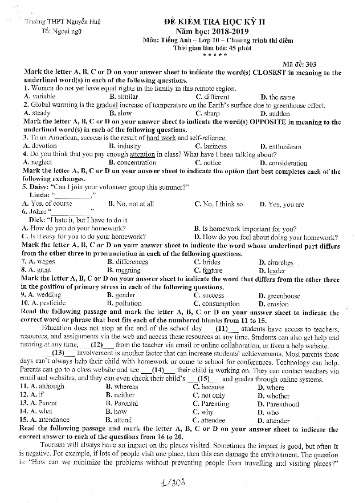 Đề kiểm tra học kỳ II môn Tiếng Anh Lớp 10 - Năm học 2018-2019 - Trường THPT Nguyễn Huệ(Có đáp án)