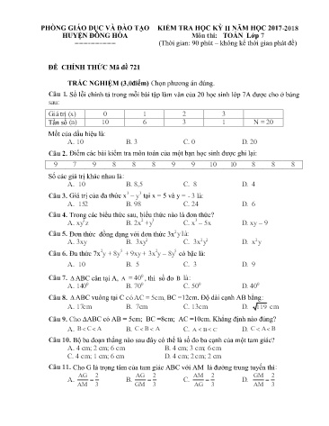 Đề kiểm tra học kỳ II môn Toán Lớp 7 - Năm học 2017-2018 (Có đáp án)