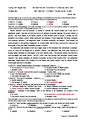 Đề kiểm tra lần 1 giữa học kỳ II môn Tiếng Anh Lớp 11 (Thí điểm) - Năm học 2018-2019 - Trường THPT Nguyễn Huệ - Mã đề 485 (Có đáp án)