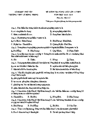 Đề kiểm tra năng lực lớp 12 THPT môn Địa lí - Năm học 2018-2019 - Trường THPT Lê Hồng Phong (Có đáp án)