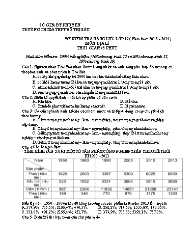 Đề kiểm tra năng lực môn Địa lí Lớp 12 - Năm học 201 8-2019 - Trường THCS&THPT Võ Thị Sáu (Có đáp án)