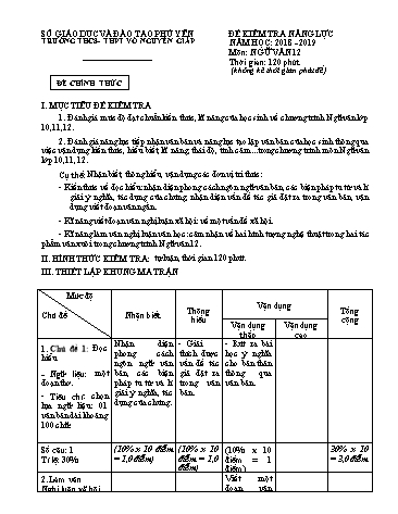 Đề kiểm tra năng lực môn Ngữ văn 12 - Năm học 2018-2019 - Trường THCS-THPT Võ Nguyên Giáp (Có đáp án)