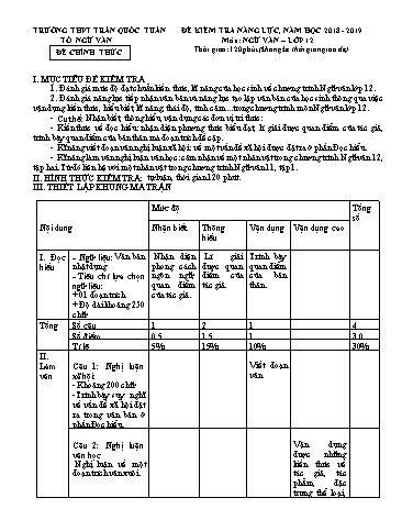 Đề kiểm tra năng lực môn Ngữ văn Lớp 12 - Năm học 2018-2019 - Trường THPT Trần Quốc Tuấn (Có đáp án)