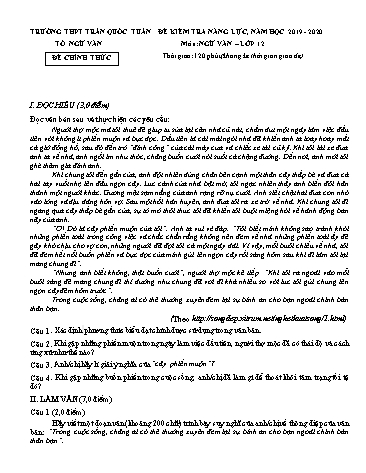 Đề kiểm tra năng lực môn Ngữ văn Lớp 12 - Năm học 2019-2020 - Trường THPT Trần Quốc Tuấn (Có đáp án)