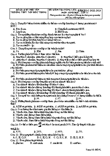 Đề kiểm tra năng lực môn Sinh học Lớp 12 - Năm học 2018-2019 - Trường THPT Tôn Đức Thắng (Có đáp án)