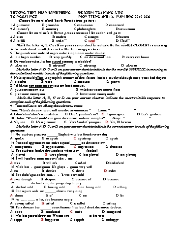 Đề kiểm tra năng lực môn Tiếng Anh 12 - Năm học 2019-2020 - Trường THPT Phan Đình Phùng (Có đáp án)
