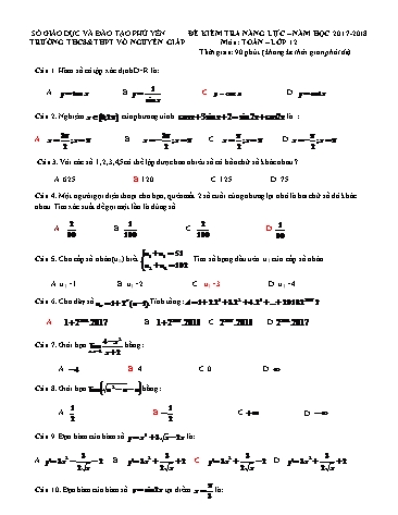 Đề kiểm tra năng lực môn Toán Lớp 12 - Năm học 2017-2018 - Trường THCS& THPT Võ Nguyên Giáp (Có đáp án)