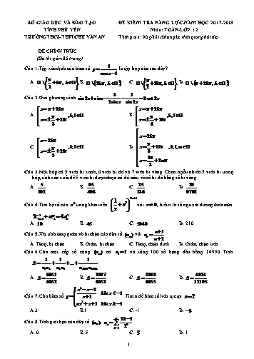 Đề kiểm tra năng lực môn Toán Lớp 12 - Năm học 2017-2018 - Trường THCS&THPT Chu Văn An (Có đáp án)