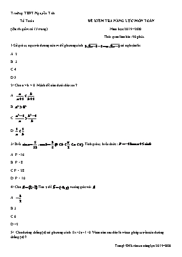 Đề kiểm tra năng lực môn Toán Lớp 12 - Năm học 2019-2020 - Trường THPT Nguyễn Trãi (Có đáp án)