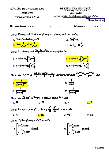 Đề kiểm tra năng lực môn Toán - Năm học 2018-2019 - Trường THPT Lê Lợi (Có đáp án)