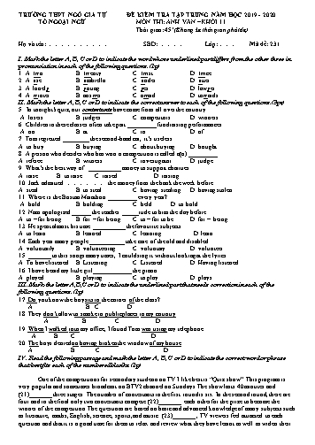 Đề kiểm tra tập trung môn Anh Văn Khối 11 - Năm học 2019-2020 - Trường THPT Ngô Gia Tự (Có đáp án)