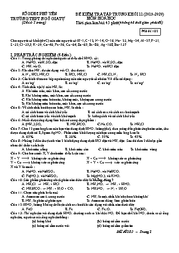 Đề kiểm tra tập trung môn Hoá học Khối 11 - Năm học 2019-2020 - Trường THPT Ngô Gia Tự - Mã đề 102 (Có đáp án)