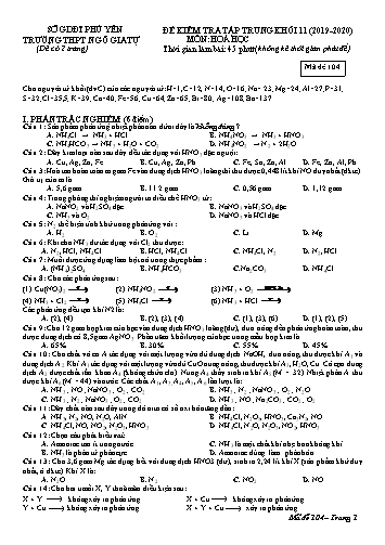 Đề kiểm tra tập trung môn Hoá học Khối 11 - Năm học 2019-2020 - Trường THPT Ngô Gia Tự - Mã đề 104 (Có đáp án)