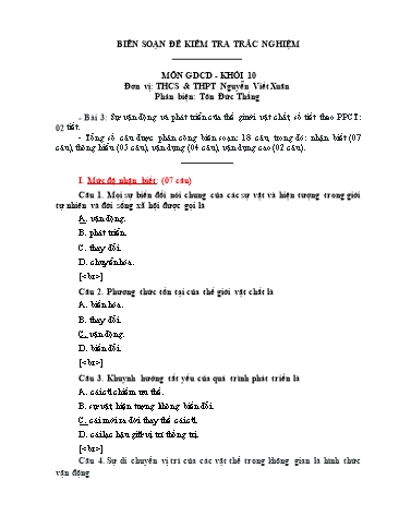 Đề kiểm tra trắc nghiệm môn Giáo dục công dân Khối 10 - Trường THCS & THPT Nguyễn Viết Xuân (Có đáp án)