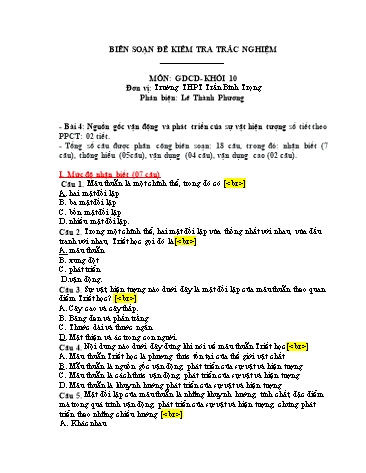 Đề kiểm tra trắc nghiệm môn Giáo dục công dân Khối 10 - Trường THPT Trần Bình Trọng (Có đáp án)