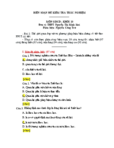 Đề kiểm tra trắc nghiệm môn Giáo dục công dân Khối 10 - Trường THPT Nguyễn Thị Minh Khai (Có đáp án)