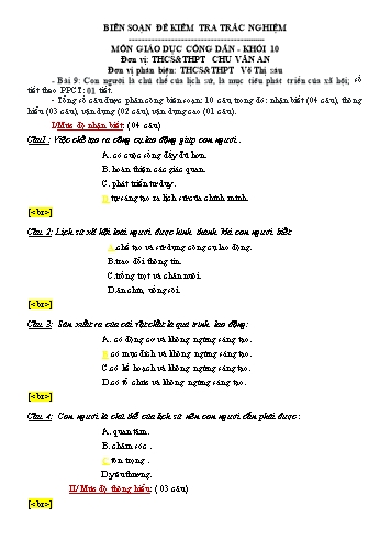 Đề kiểm tra trắc nghiệm môn Giáo dục công dân Khối 10 - Trường THCS&THPT Chu Văn An (Có đáp án)