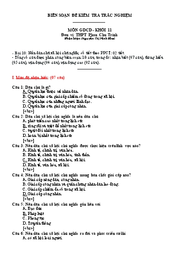 Đề kiểm tra trắc nghiệm môn Giáo dục công dân Khối 11 - Bài 10: Nền dân chủ xã hội chủ nghĩa - Trường THPT Phan Chu Trinh (Có đáp án)