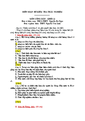 Đề kiểm tra trắc nghiệm môn Giáo dục công dân Khối 11 - Bài 11: Chính sách dân số và giải quyết việc làm - Trường THCS-THPT Nguyễn Bá Ngọc (Có đáp án)