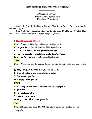 Đề kiểm tra trắc nghiệm môn Giáo dục công dân Khối 11 - Bài 13: Chính sách Giáo Dục và Đào tạo, Khoa học và Công nghệ, Văn hóa - Trường THPT Nguyễn Trãi (Có đáp án)