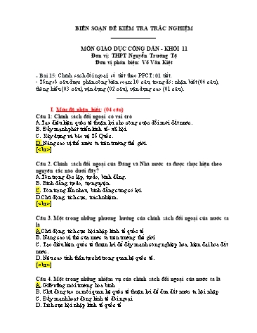 Đề kiểm tra trắc nghiệm môn Giáo dục công dân Khối 11 - Bài 15: Chính sách đối ngoại - Trường THPT Nguyễn Trường Tộ (Có đáp án)