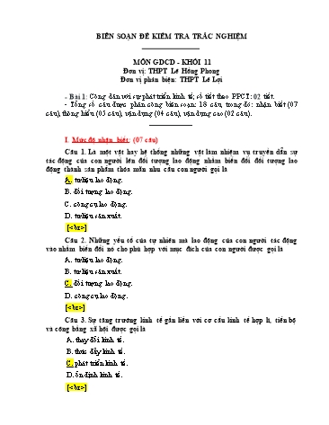 Đề kiểm tra trắc nghiệm môn Giáo dục công dân Khối 11 - Bài 1: Công dân với sự phát triển kinh tế - Trường THPT Lê Hồng Phong (Có đáp án)