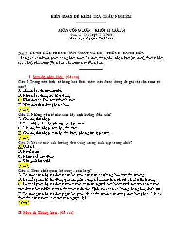 Đề kiểm tra trắc nghiệm môn Giáo dục công dân Khối 11 - Bài 5: Cung cầu trong sản xuất và lưu thông hàng hóa - Trường PT DTNT tỉnh Phú Yên (Có đáp án)