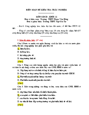 Đề kiểm tra trắc nghiệm môn Giáo dục công dân Khối 11 - Bài 6: Công nghiệp hóa, hiện đại hóa đất nước - Trường THPT Phạm Văn Đồng (Có đáp án)