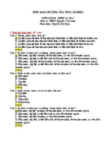 Đề kiểm tra trắc nghiệm môn Giáo dục công dân Khối 11 - Bài 7 - Trường THPT Nguyễn Văn Linh (Có đáp án)