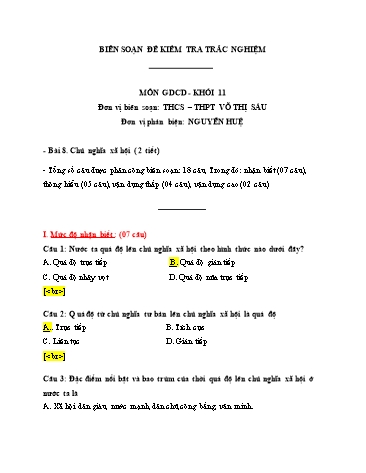 Đề kiểm tra trắc nghiệm môn Giáo dục công dân Khối 11 - Bài 8: Chủ nghĩa xã hội - Trường THCS & THPT Võ Thị Sáu (Có đáp án)